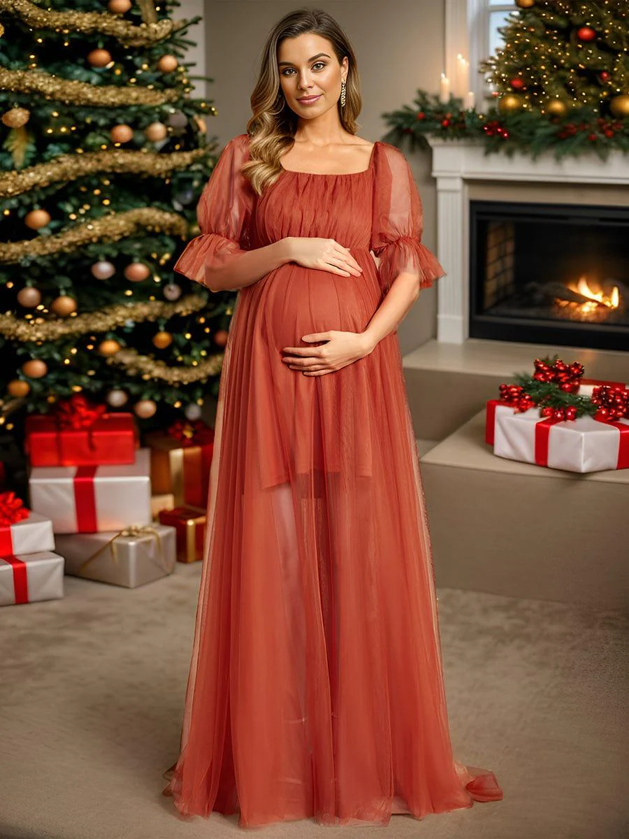 Off the Shoulder Pleated Tulle Maxi Maternity Dress - Image 9