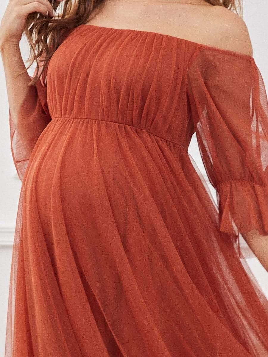 Off the Shoulder Pleated Tulle Maxi Maternity Wedding Guest Dress - Image 10
