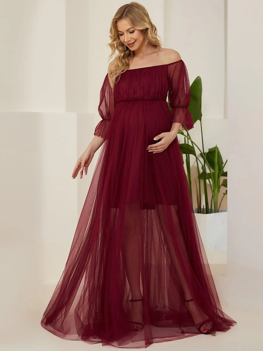 Off the Shoulder Pleated Tulle Maxi Maternity Wedding Guest Dress - Image 13