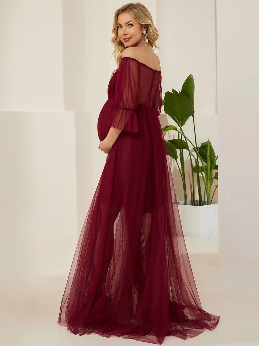 Off the Shoulder Pleated Tulle Maxi Maternity Wedding Guest Dress - Image 14