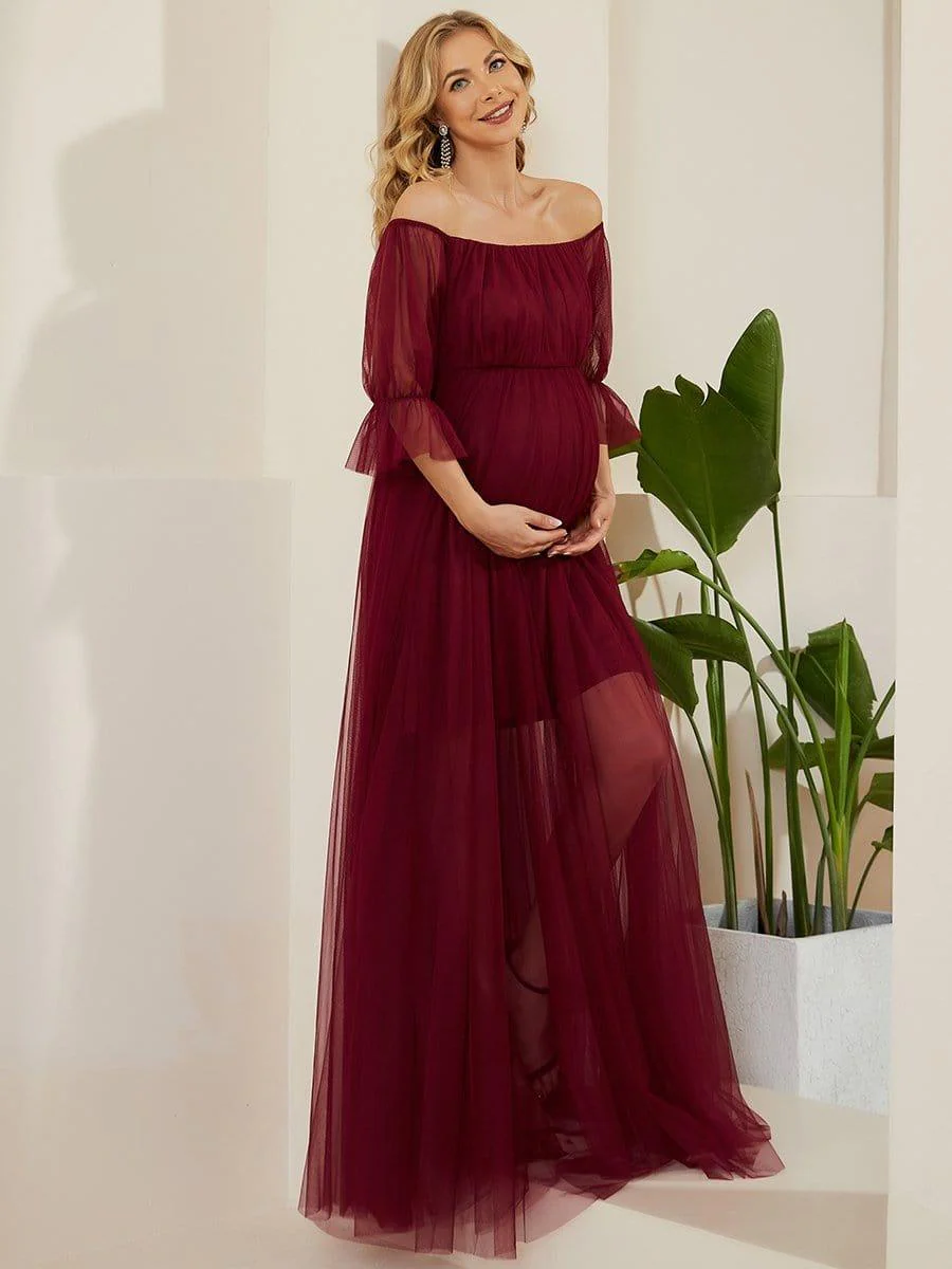 Off the Shoulder Pleated Tulle Maxi Maternity Wedding Guest Dress - Image 15
