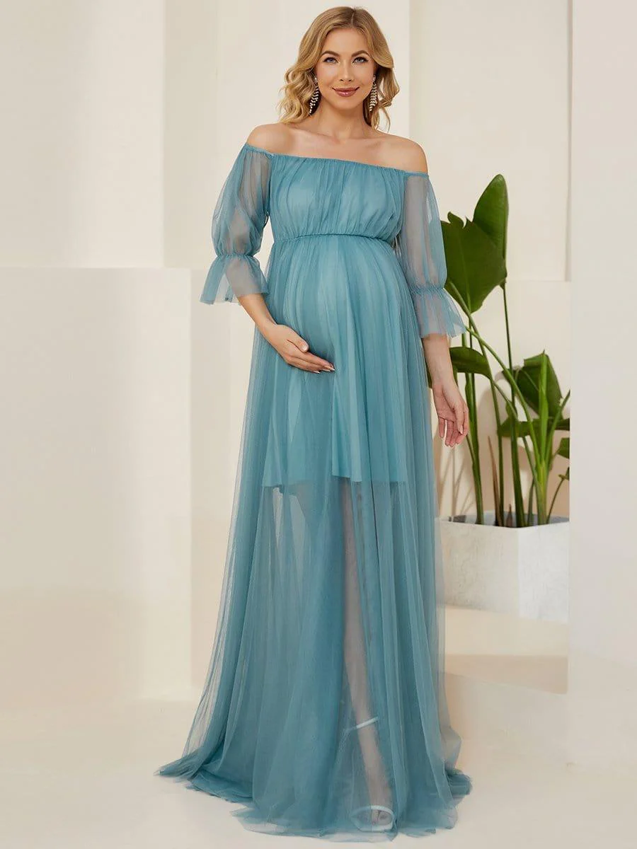 Off the Shoulder Pleated Tulle Maxi Maternity Wedding Guest Dress - Image 20