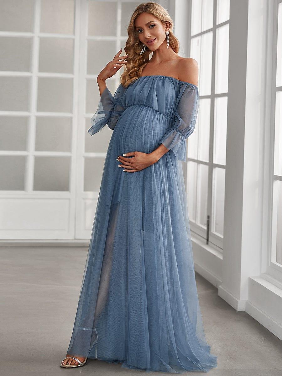 Off the Shoulder Pleated Tulle Maxi Maternity Wedding Guest Dress - Image 23