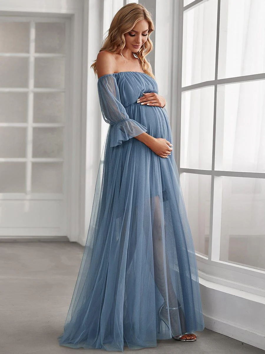 Off the Shoulder Pleated Tulle Maxi Maternity Wedding Guest Dress - Image 25