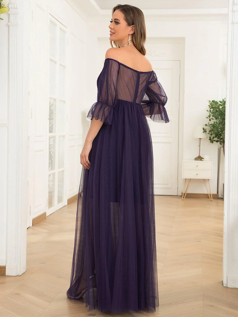 Off the Shoulder Pleated Tulle Maxi Maternity Wedding Guest Dress - Image 29