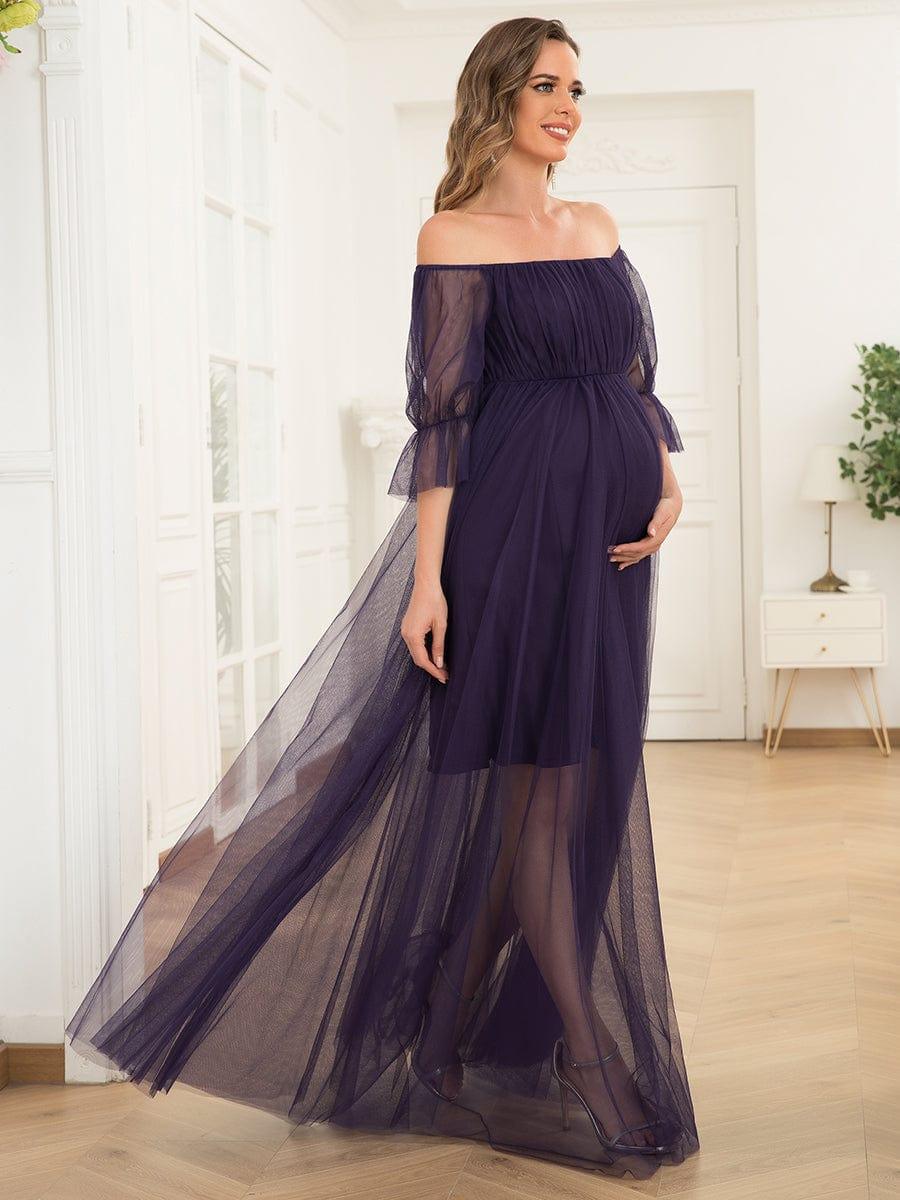 Off the Shoulder Pleated Tulle Maxi Maternity Wedding Guest Dress - Image 30