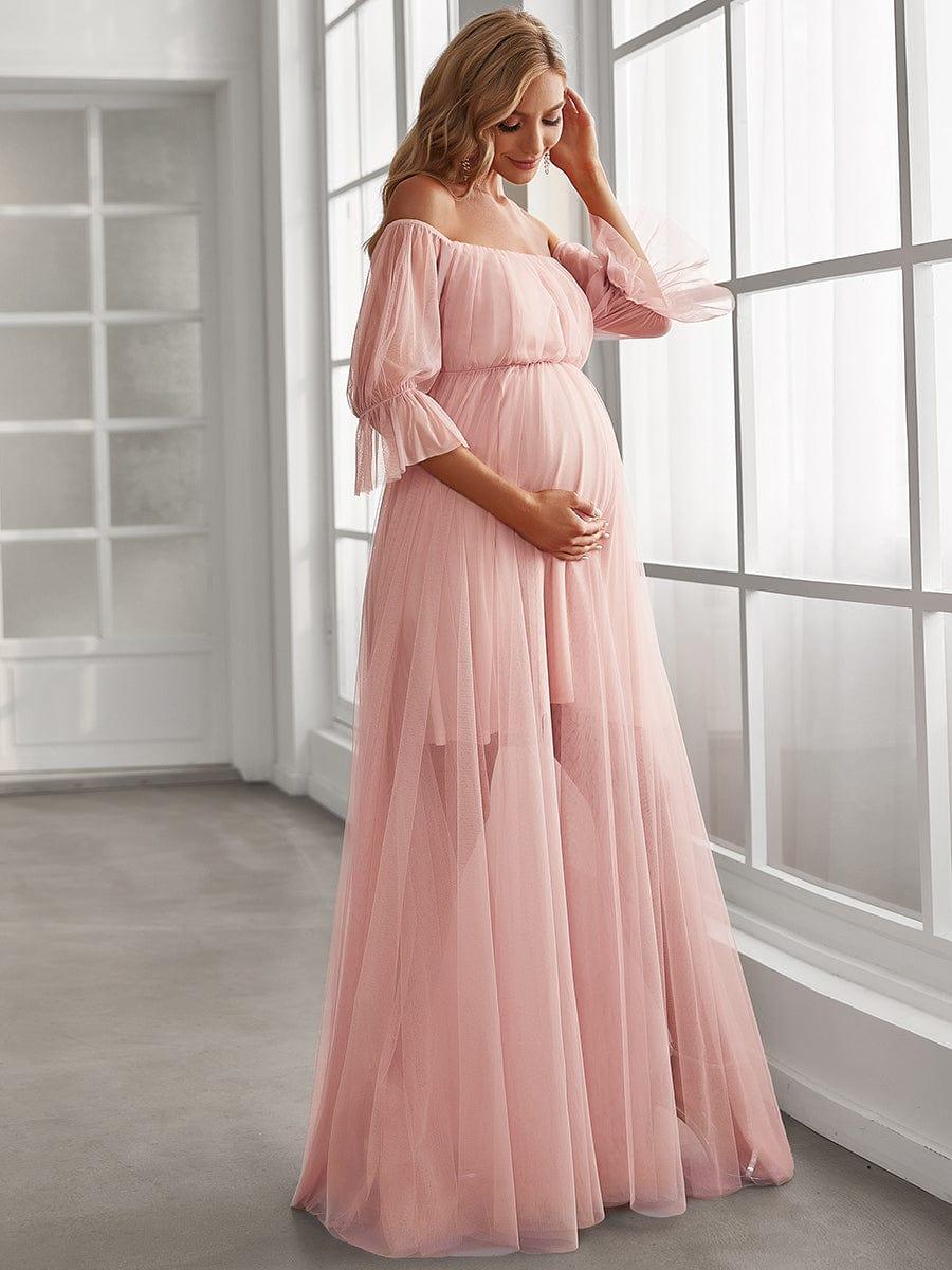 Off the Shoulder Pleated Tulle Maxi Maternity Wedding Guest Dress - Image 5