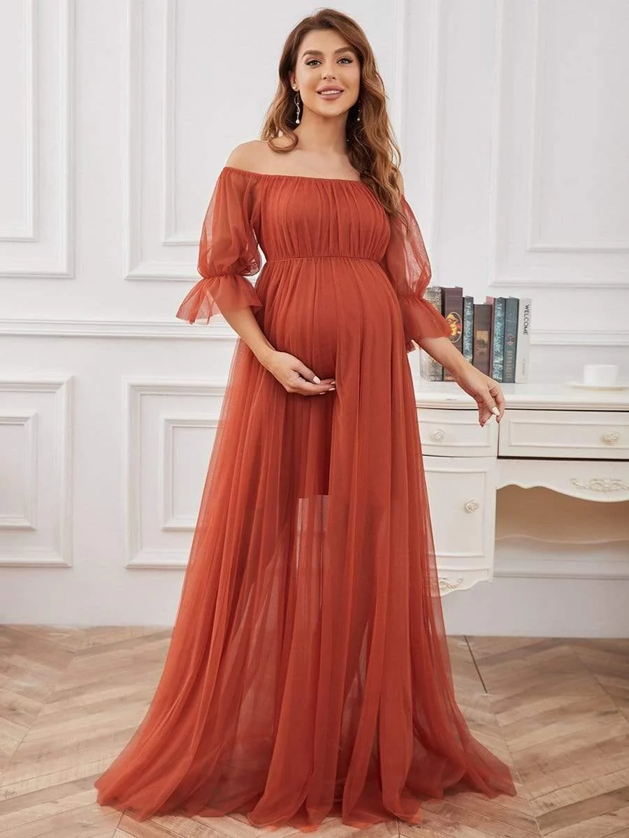 Off the Shoulder Pleated Tulle Maxi Maternity Wedding Guest Dress - Image 6