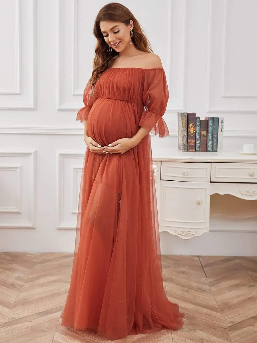 Off the Shoulder Pleated Tulle Maxi Maternity Wedding Guest Dress - Image 9