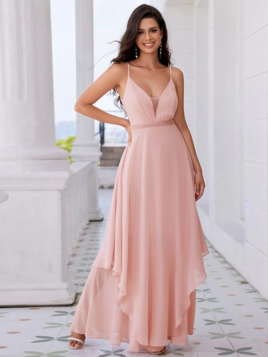 ever CLEMENT|Pearl-Embellished Waist Ruffled V-Neck Sleeveless Chiffon Bridesmaid Dress In Pink - Image 4