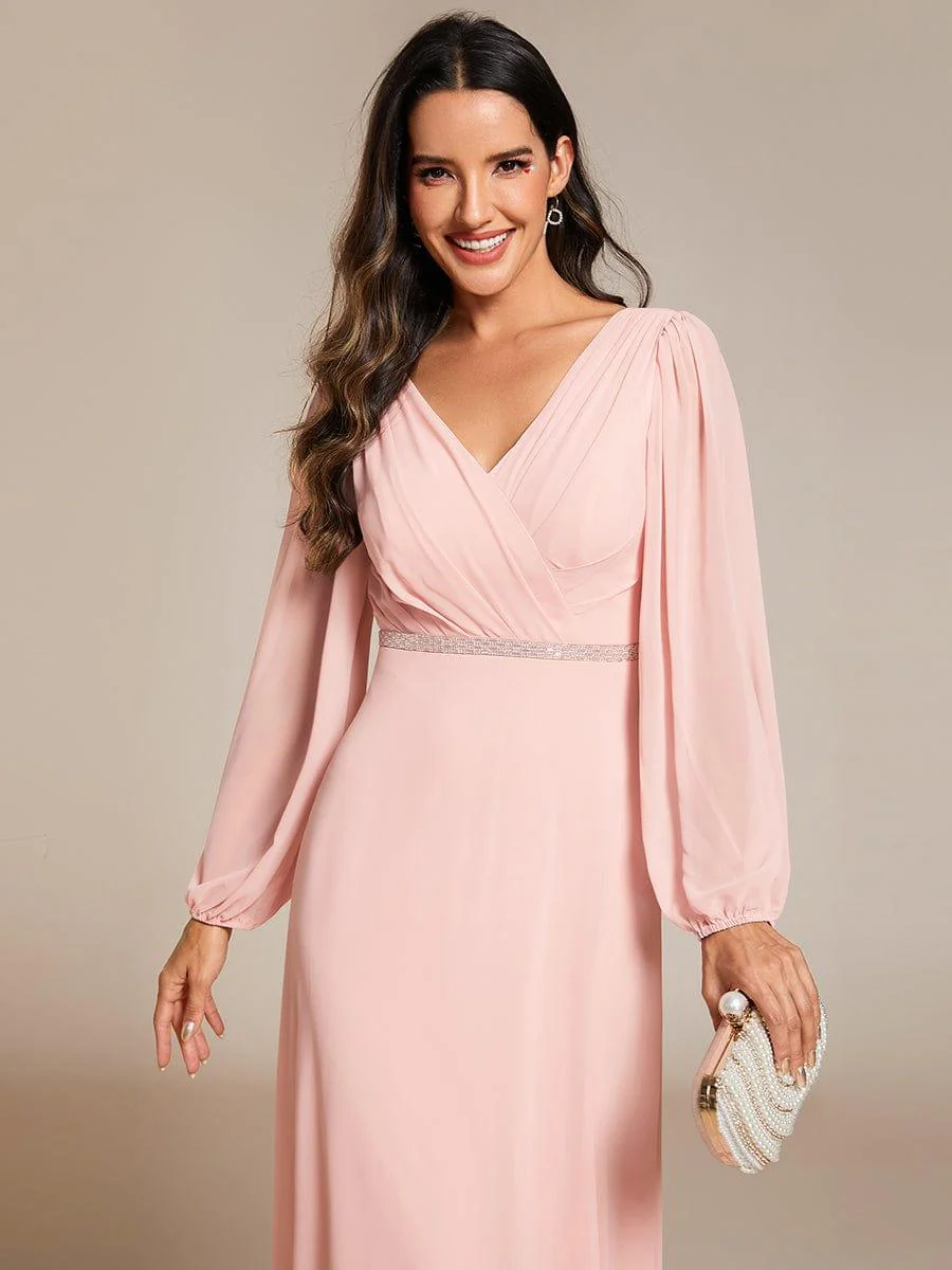 ever ESMÉE|Pleated Double V-Neck Long Sleeves Shiny Belt Chiffon Dress In Pink - Image 3