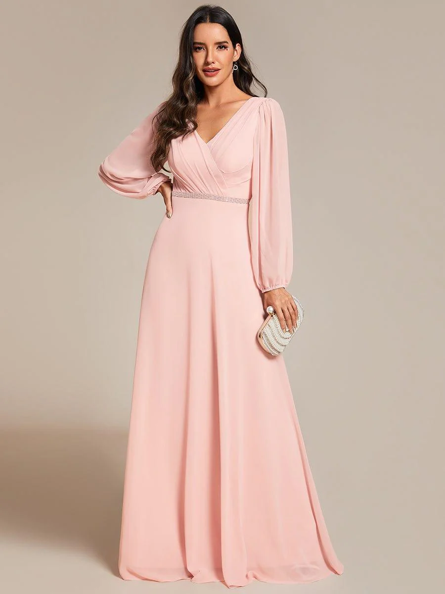 ever ESMÉE|Pleated Double V-Neck Long Sleeves Shiny Belt Chiffon Dress In Pink - Image 5