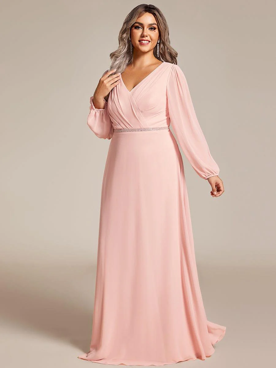 ever ESMÉE|Pleated Double V-Neck Long Sleeves Shiny Belt Chiffon Dress In Pink - Image 6