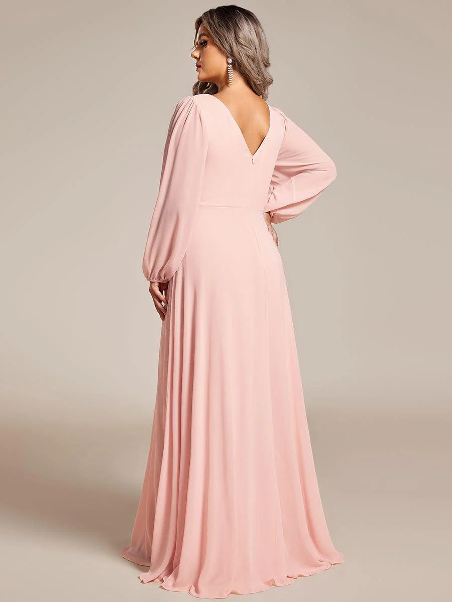 ever ESMÉE|Pleated Double V-Neck Long Sleeves Shiny Belt Chiffon Dress In Pink - Image 7