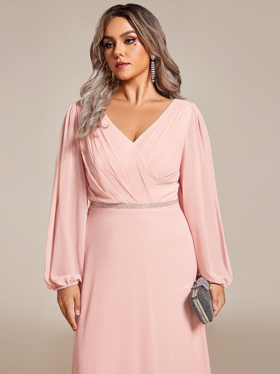 ever ESMÉE|Pleated Double V-Neck Long Sleeves Shiny Belt Chiffon Dress In Pink - Image 8