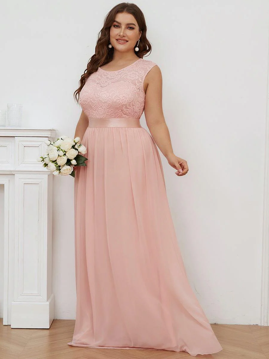 Plus Size Classic Round Neck V Back A-Line Chiffon Bridesmaid Dresses with Lace(Final Sale) - Image 11