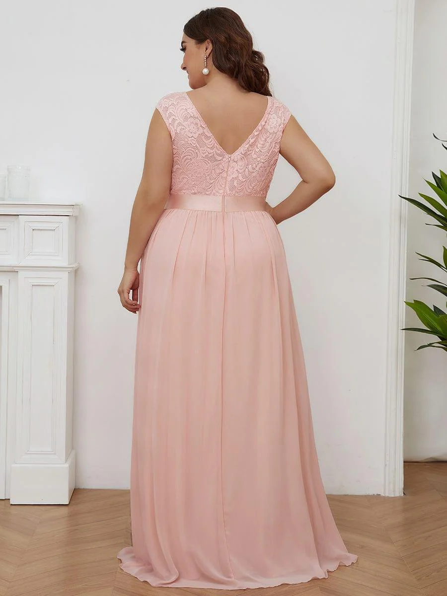 Plus Size Classic Round Neck V Back A-Line Chiffon Bridesmaid Dresses with Lace(Final Sale) - Image 12