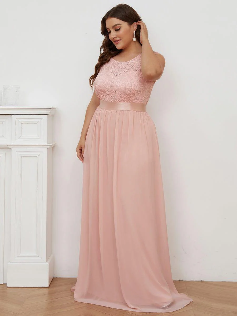 Plus Size Classic Round Neck V Back A-Line Chiffon Bridesmaid Dresses with Lace(Final Sale) - Image 13