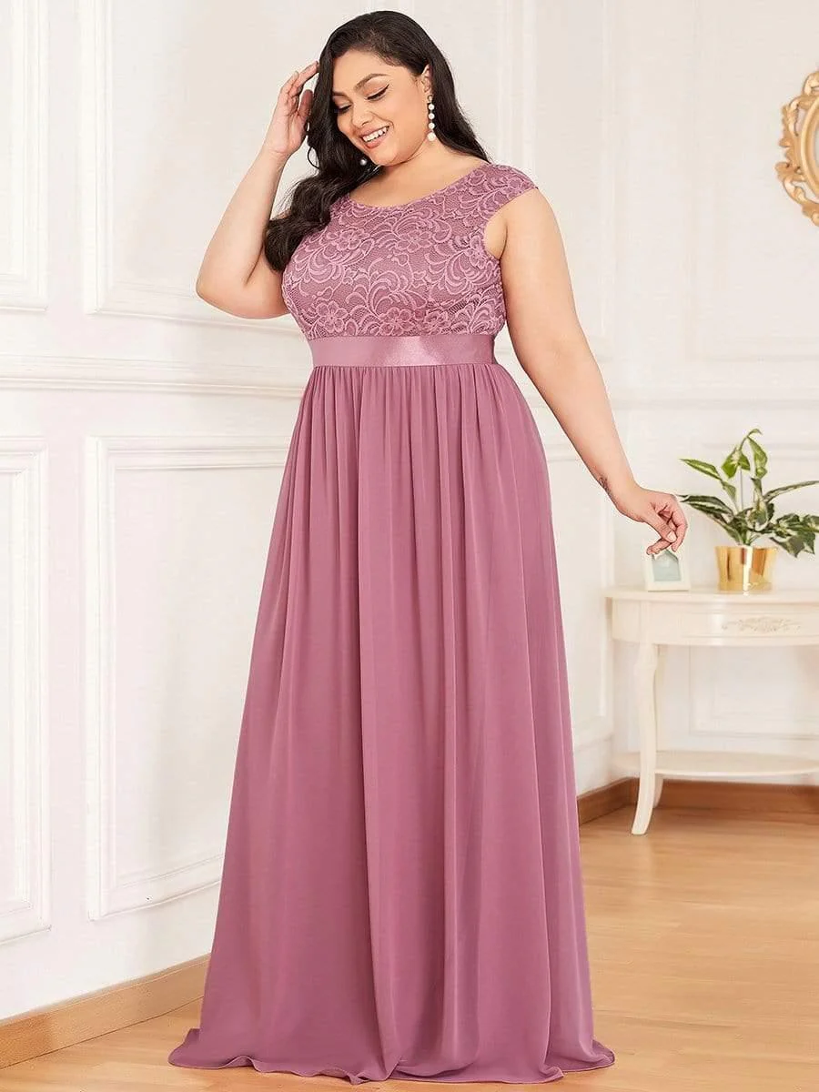 Plus Size Classic Round Neck V Back A-Line Chiffon Bridesmaid Dresses with Lace(Final Sale) - Image 28