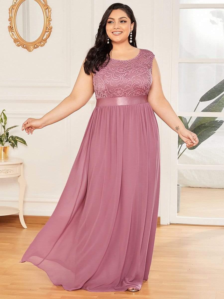 Plus Size Classic Round Neck V Back A-Line Chiffon Bridesmaid Dresses with Lace(Final Sale) - Image 29