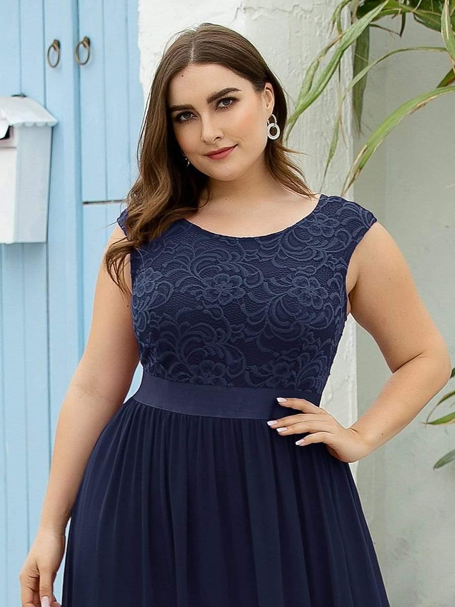 Plus Size Classic Round Neck V Back A-Line Chiffon Bridesmaid Dresses with Lace(Final Sale) - Image 3