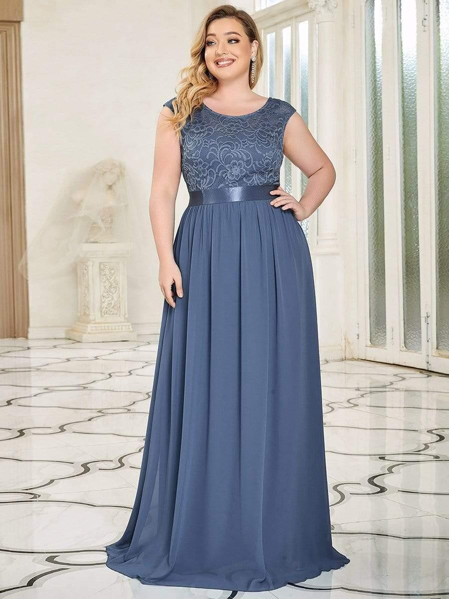 Plus Size Classic Round Neck V Back A-Line Chiffon Bridesmaid Dresses with Lace(Final Sale) - Image 35