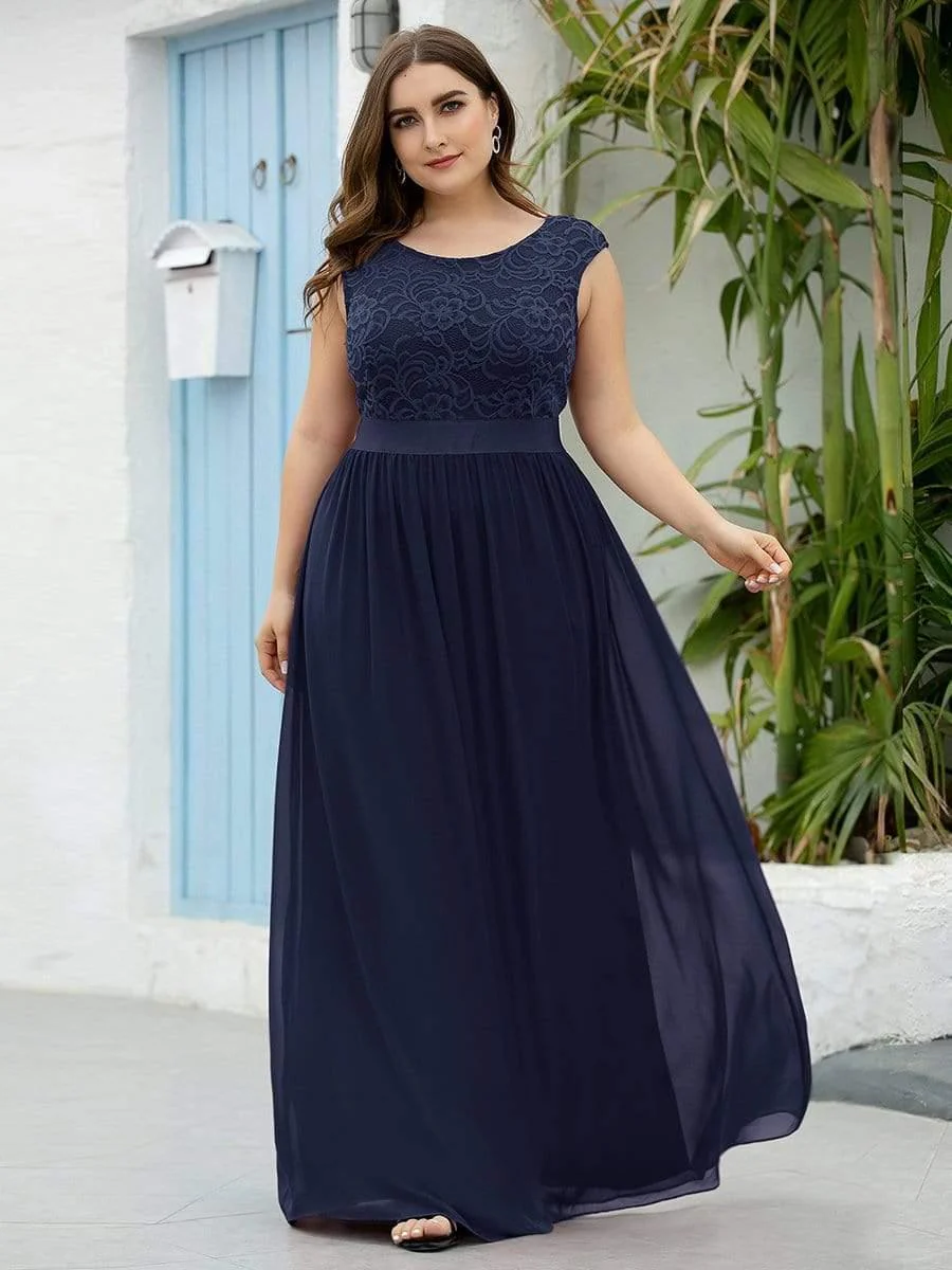 Plus Size Classic Round Neck V Back A-Line Chiffon Bridesmaid Dresses with Lace(Final Sale) - Image 4