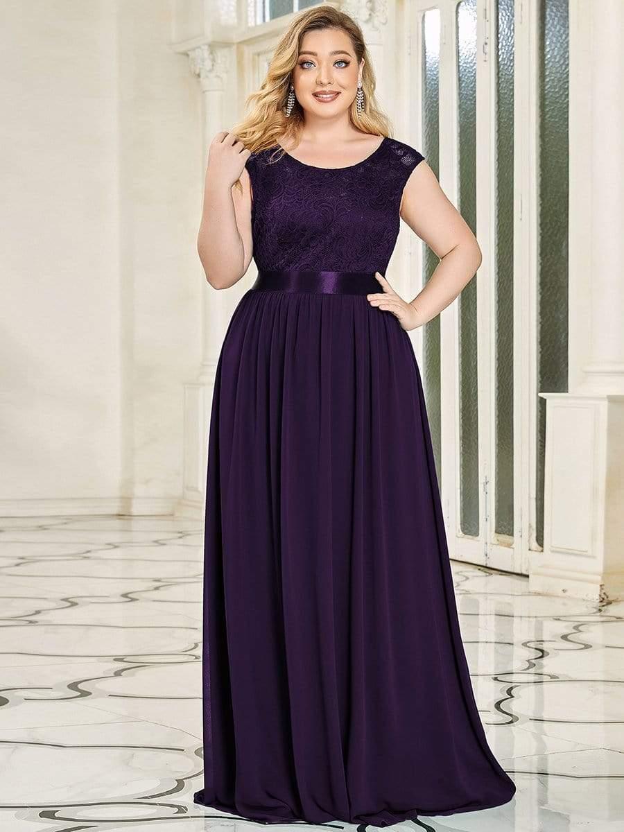 Plus Size Classic Round Neck V Back A-Line Chiffon Bridesmaid Dresses with Lace(Final Sale) - Image 41