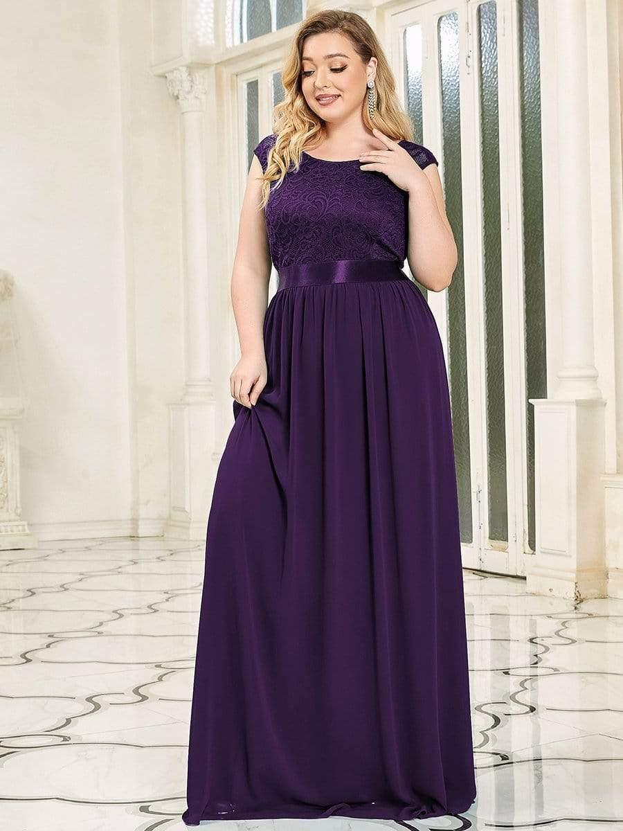 Plus Size Classic Round Neck V Back A-Line Chiffon Bridesmaid Dresses with Lace(Final Sale) - Image 42