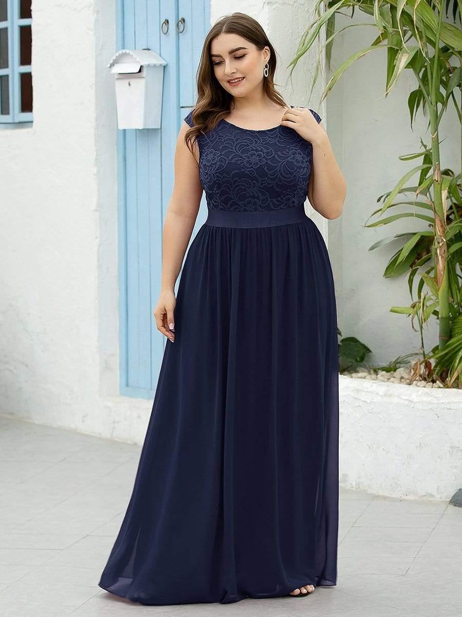 Plus Size Classic Round Neck V Back A-Line Chiffon Bridesmaid Dresses with Lace(Final Sale) - Image 5