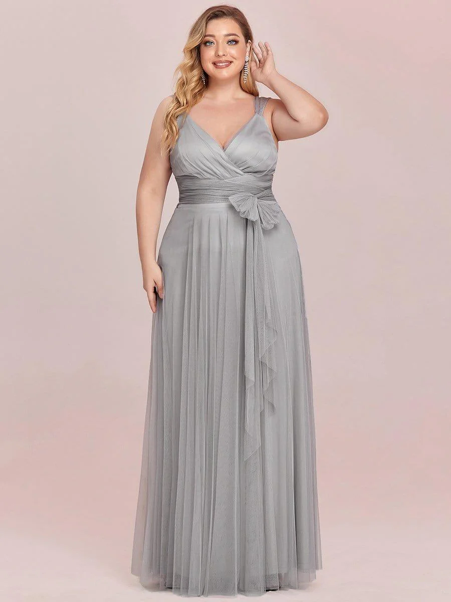 Plus Size Maxi Long Double V Neck Tulle Bridesmaid Dresses - Image 10