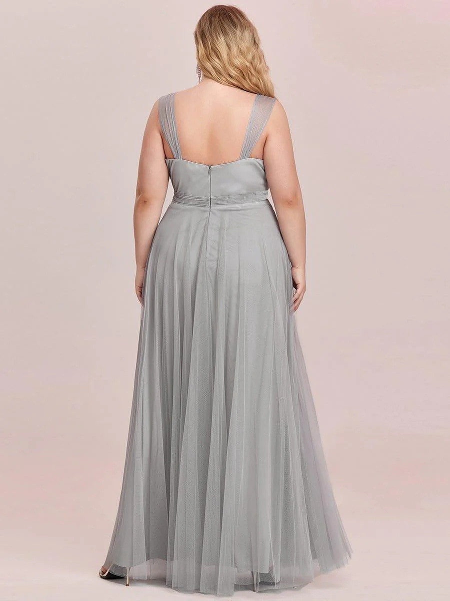 Plus Size Maxi Long Double V Neck Tulle Bridesmaid Dresses - Image 11