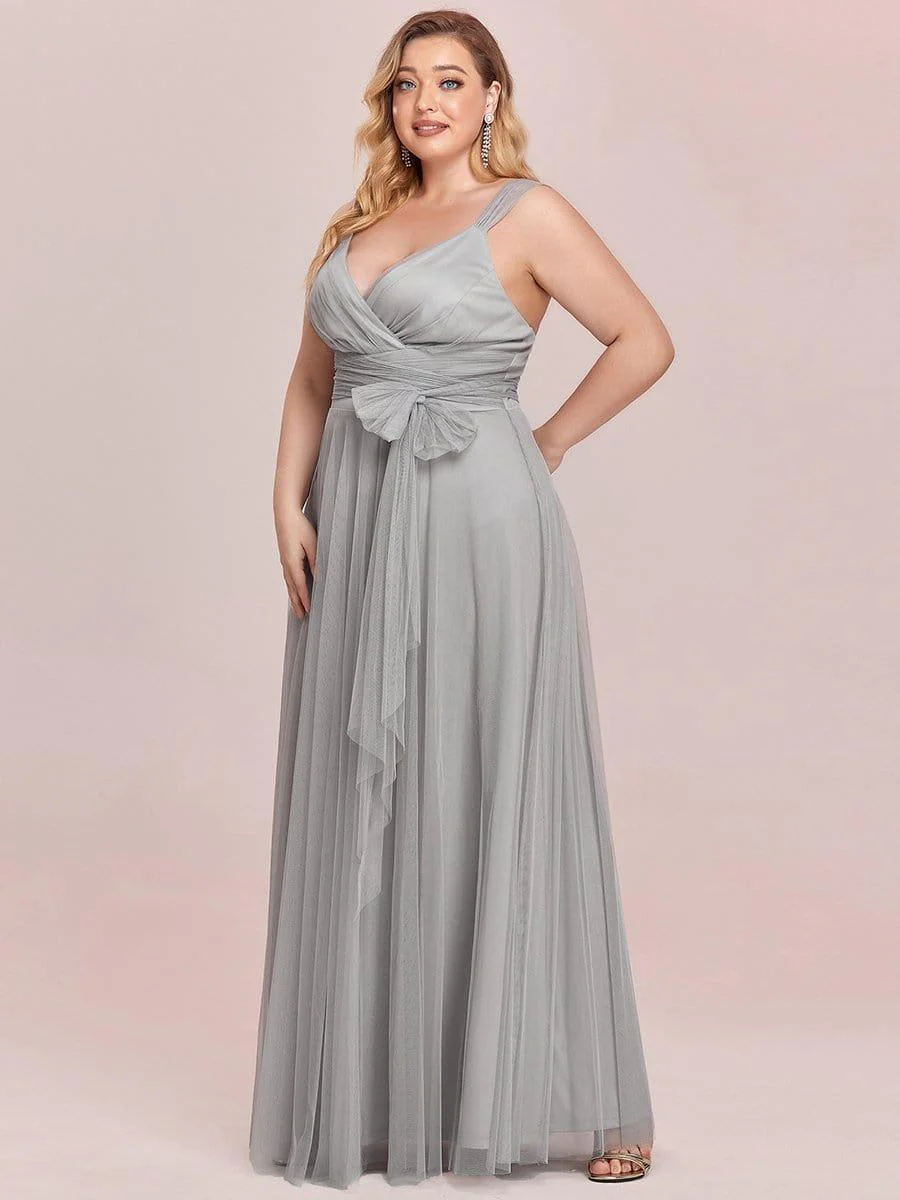 Plus Size Maxi Long Double V Neck Tulle Bridesmaid Dresses - Image 12