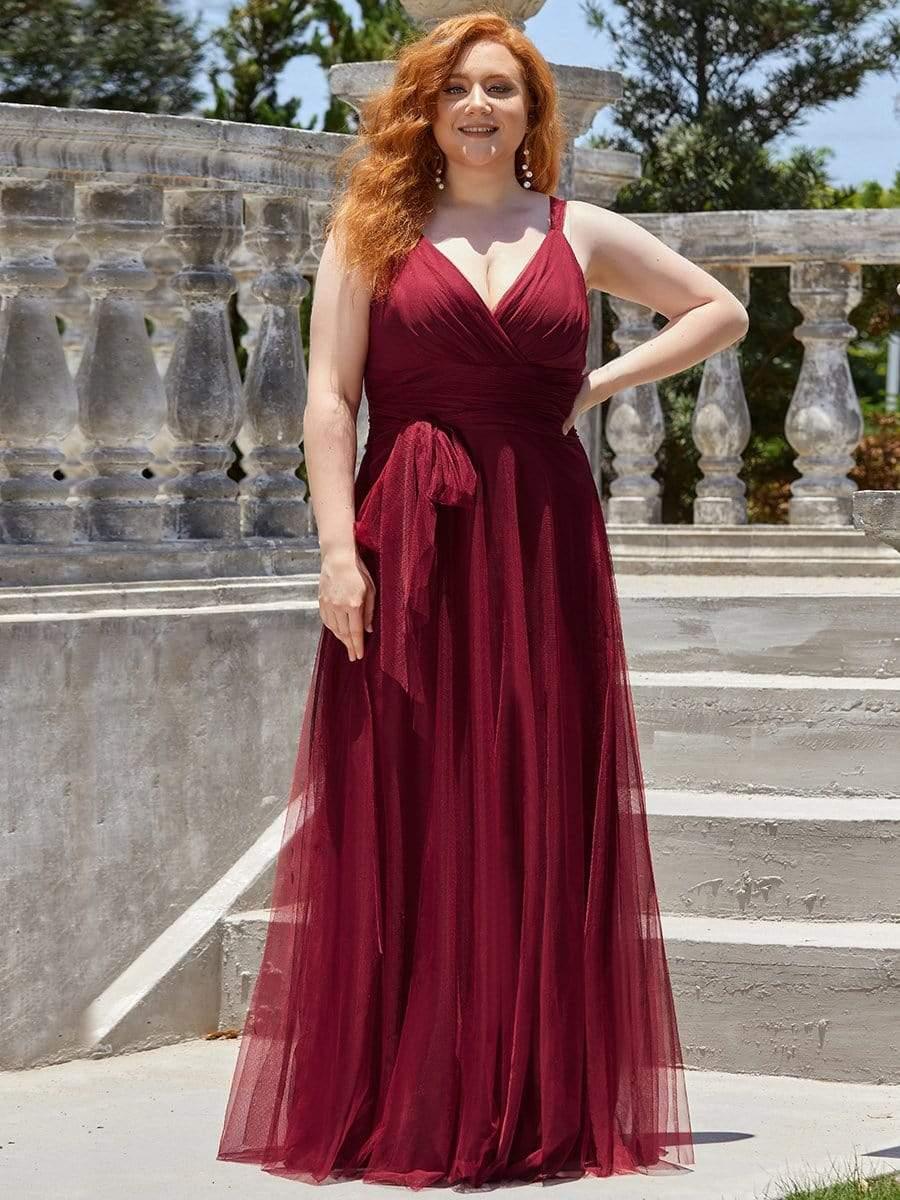 Plus Size Maxi Long Double V Neck Tulle Bridesmaid Dresses - Image 14