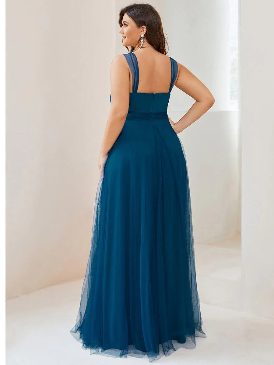 Plus Size Maxi Long Double V Neck Tulle Bridesmaid Dresses - Image 16