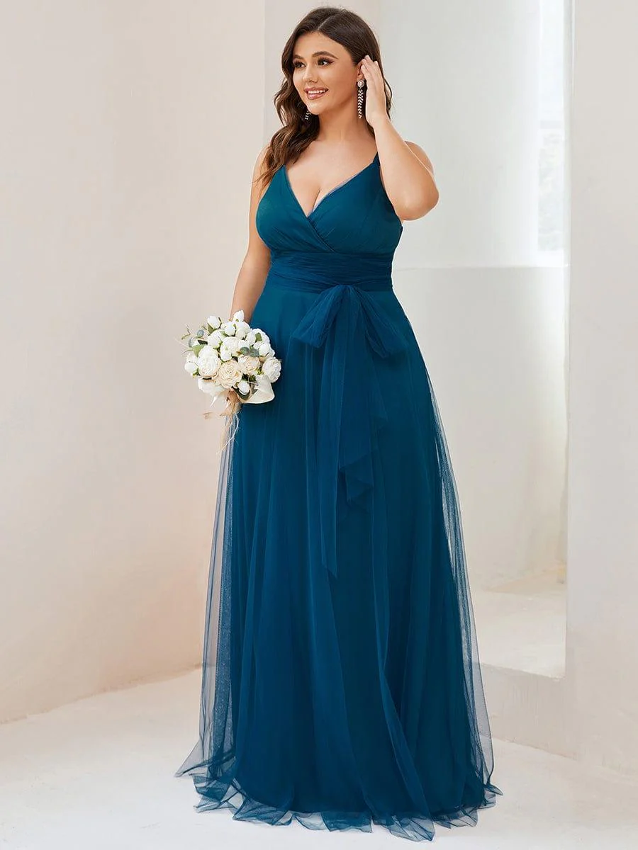 Plus Size Maxi Long Double V Neck Tulle Bridesmaid Dresses - Image 17