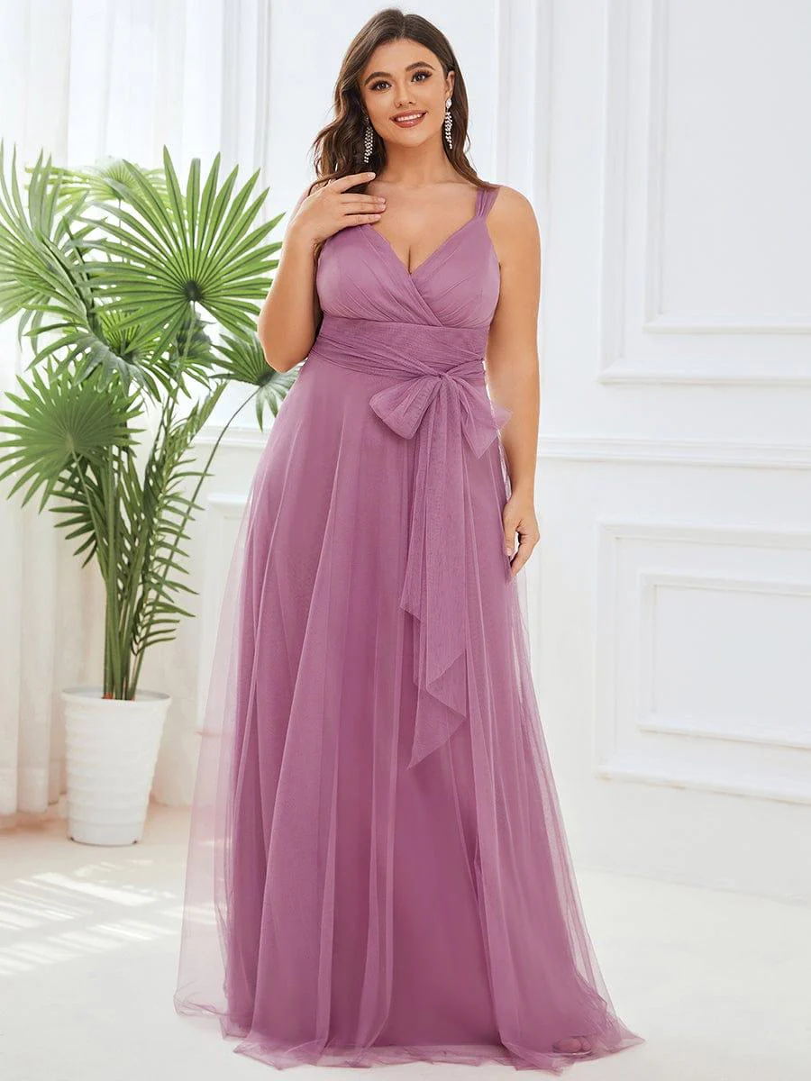 Plus Size Maxi Long Double V Neck Tulle Bridesmaid Dresses - Image 19