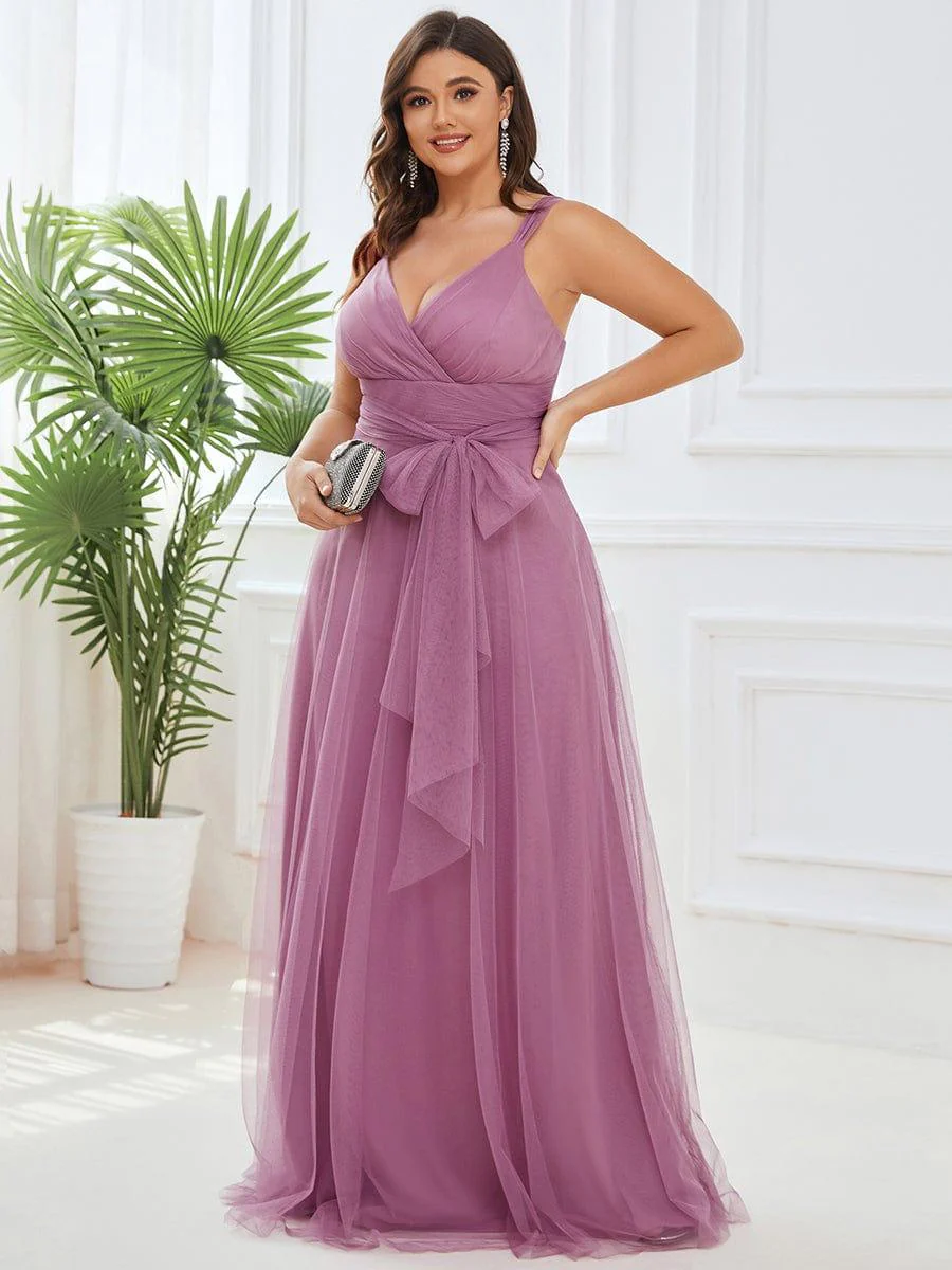 Plus Size Maxi Long Double V Neck Tulle Bridesmaid Dresses - Image 21