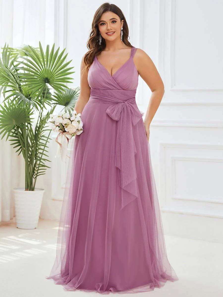Plus Size Maxi Long Double V Neck Tulle Bridesmaid Dresses - Image 22