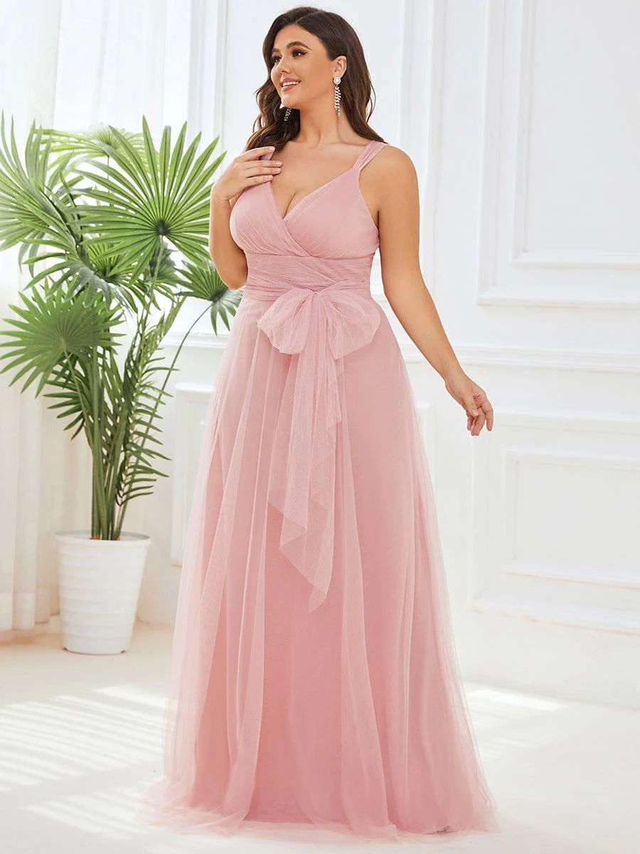 Plus Size Maxi Long Double V Neck Tulle Bridesmaid Dresses - Image 3