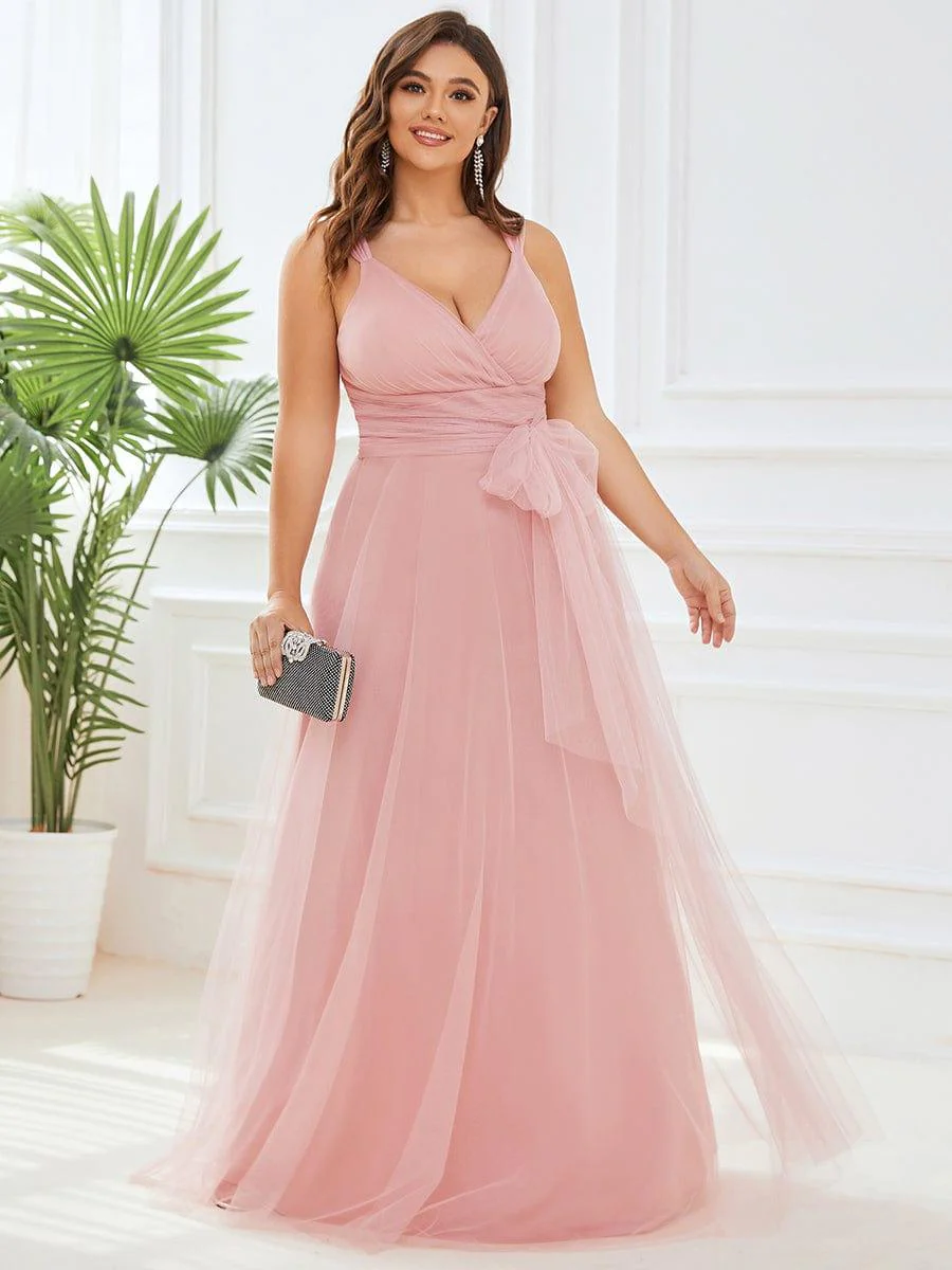 Plus Size Maxi Long Double V Neck Tulle Bridesmaid Dresses - Image 4