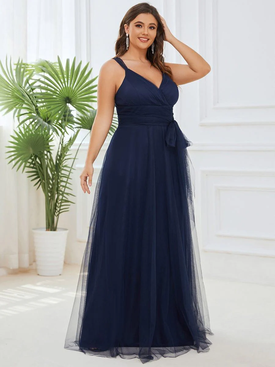 Plus Size Maxi Long Double V Neck Tulle Bridesmaid Dresses - Image 8