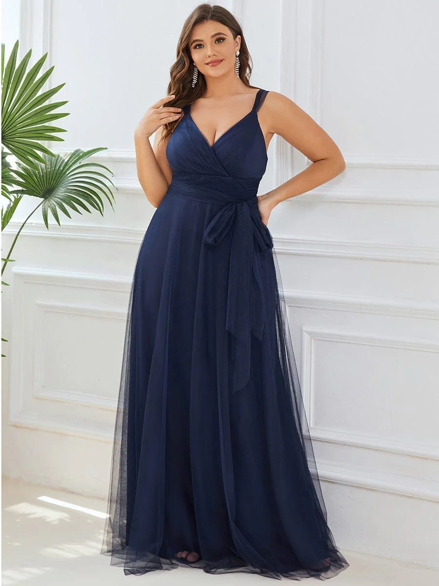 Plus Size Maxi Long Double V Neck Tulle Bridesmaid Dresses - Image 9
