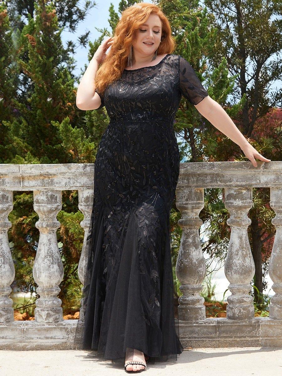 pretty JADEN|Plus Size Sequin Leaf Long Mermaid Tulle Prom Dress - Image 14