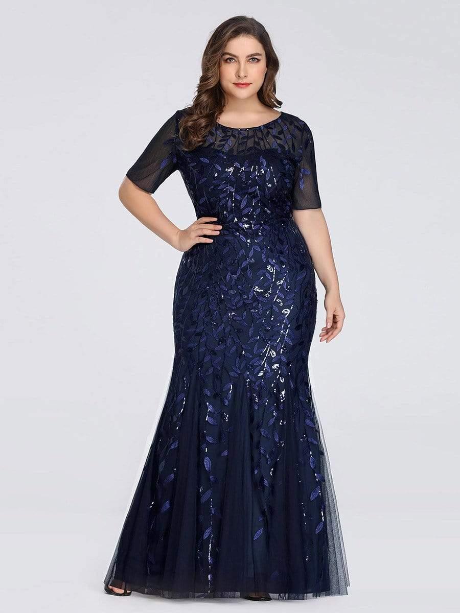 pretty JADEN|Plus Size Sequin Leaf Long Mermaid Tulle Prom Dress - Image 24