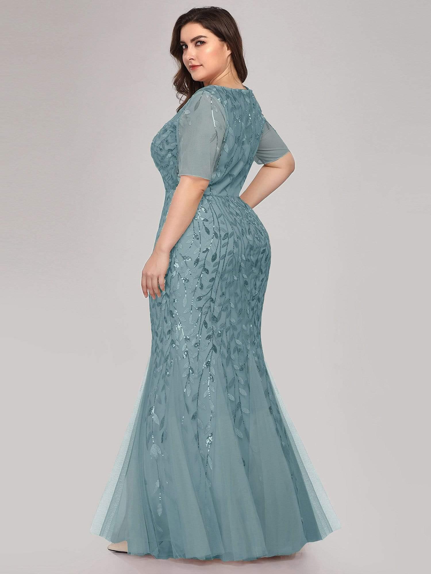 pretty JADEN|Plus Size Sequin Leaf Long Mermaid Tulle Prom Dress - Image 40