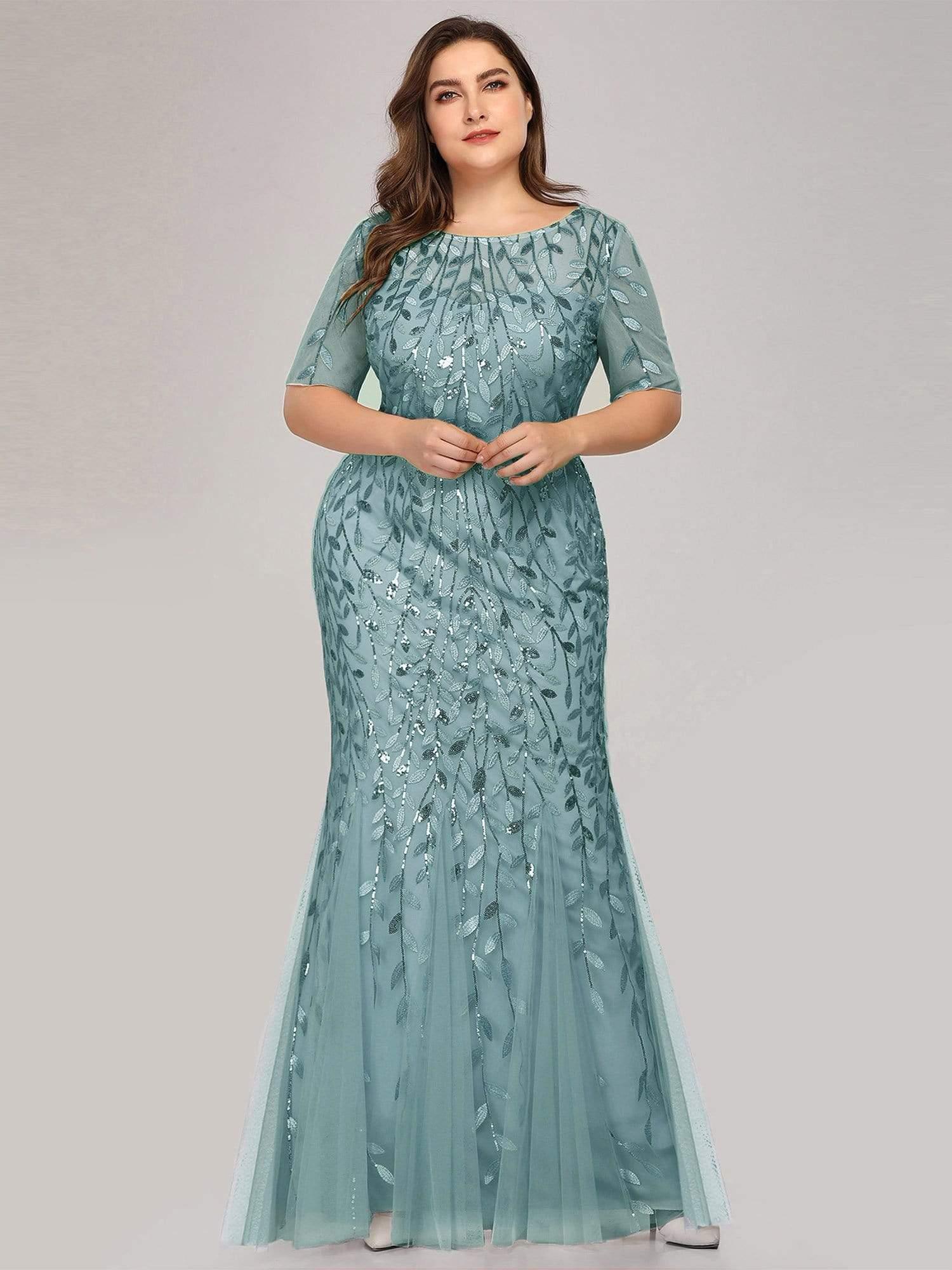 pretty JADEN|Plus Size Sequin Leaf Long Mermaid Tulle Prom Dress - Image 41