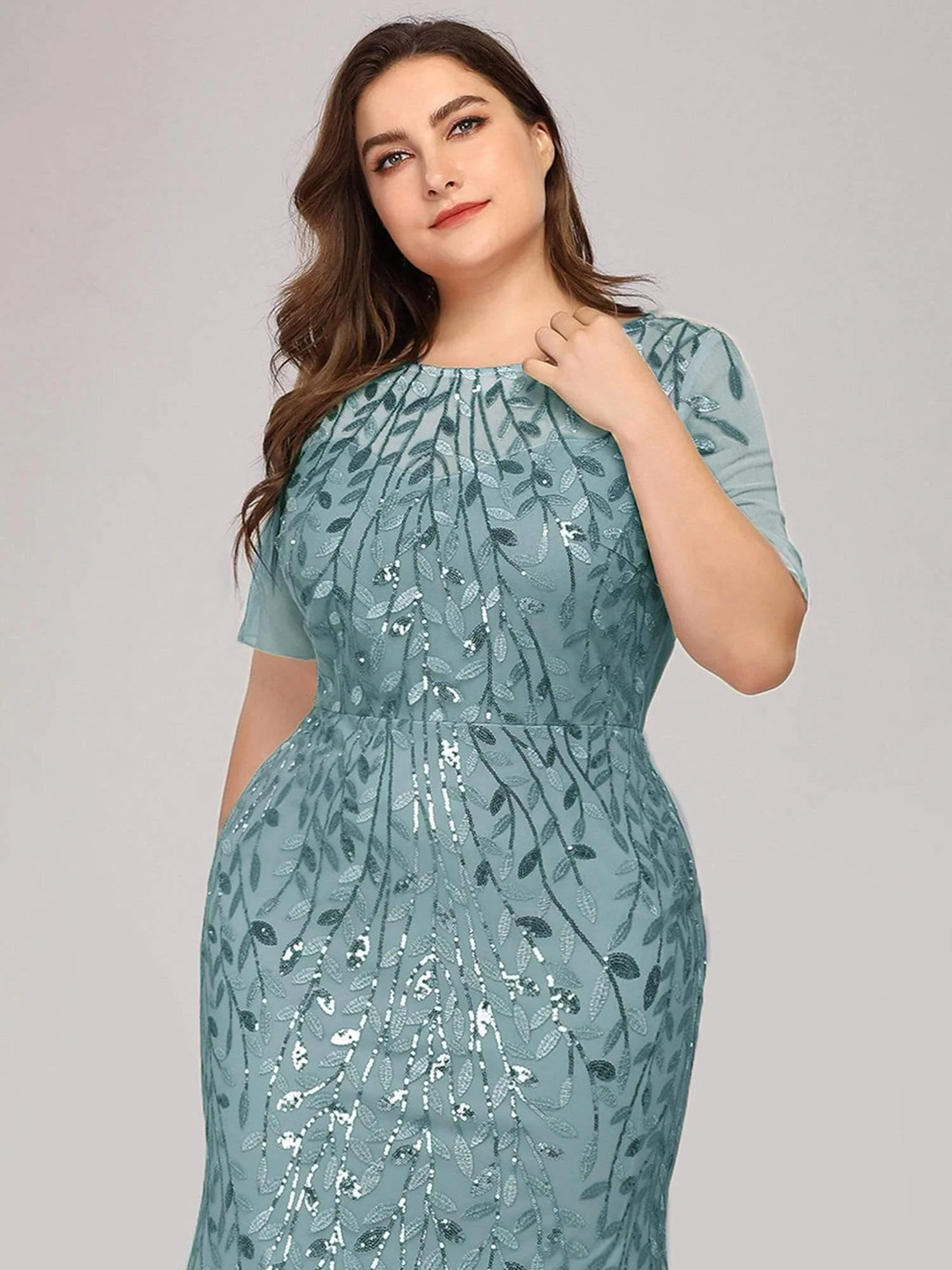 pretty JADEN|Plus Size Sequin Leaf Long Mermaid Tulle Prom Dress - Image 43