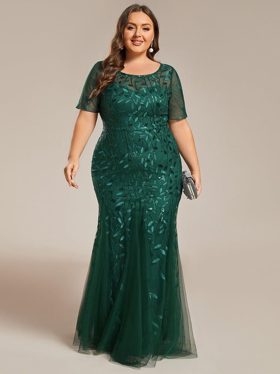 pretty JADEN|Plus Size Sequin Leaf Long Mermaid Tulle Prom Dress - Image 75