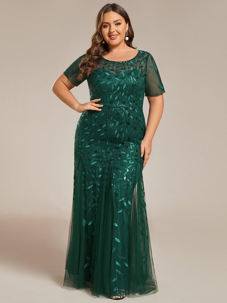 pretty JADEN|Plus Size Sequin Leaf Long Mermaid Tulle Prom Dress - Image 76